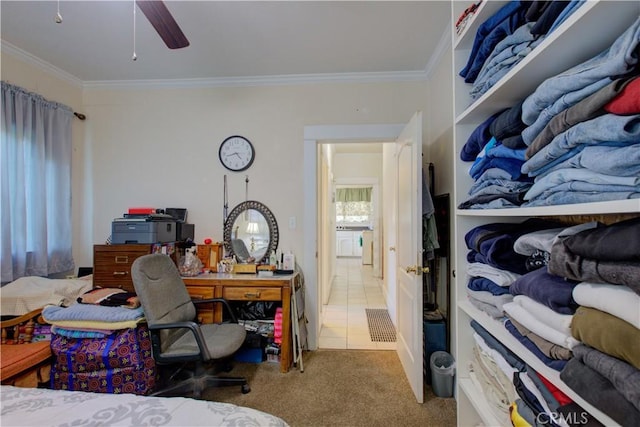 221 W 23rd St, Merced, CA 95340 - bedroom featuring ceiling fan, carpet flooring, and crown molding