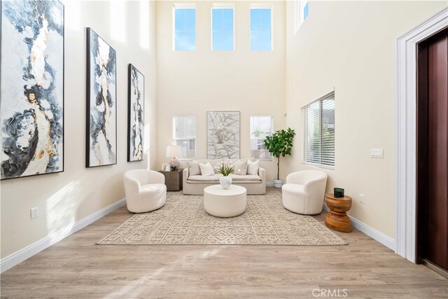 living area with baseboards, a high ceiling, and wood finished floors