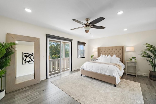 2852 N Santa Fe Pl, Orange, CA 92865 - bedroom featuring wood finished floors, recessed lighting, a ceiling fan, baseboards, and access to exterior