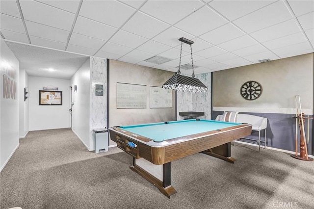 game room with baseboards, a paneled ceiling, pool table, and carpet floors