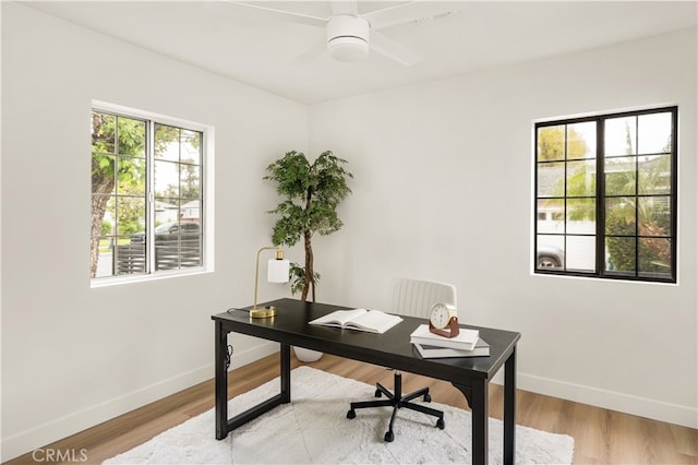 6655 Balcom Ave, Reseda, CA 91335 - office area featuring baseboards, ceiling fan, and wood finished floors
