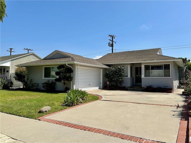 single story home featuring roof with shingles, an attached garage, concrete driveway, stucco siding, and a front lawn