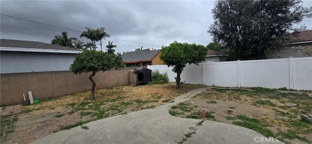view of yard featuring a patio area and a fenced backyard