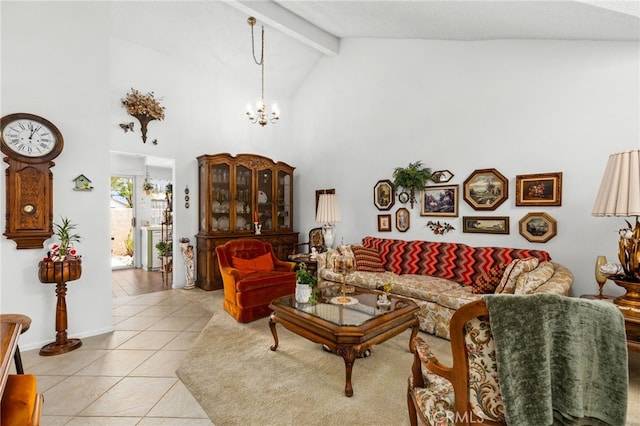 672 La Quinta Dr, Banning, CA 92220 - living area featuring beam ceiling, high vaulted ceiling, light tile patterned floors, and a notable chandelier