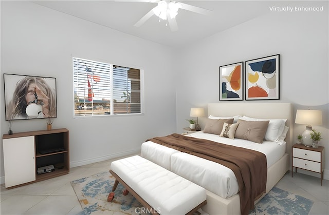21683 Ramona Rd, Apple Valley, CA 92307 - bedroom featuring ceiling fan, baseboards, and light tile patterned floors