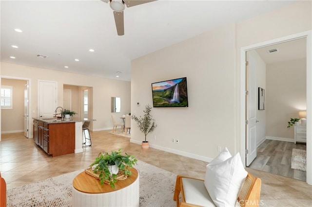 149 Luneta Ln, Rancho Mission Viejo, CA 92694 - living room featuring ceiling fan, recessed lighting, and light tile patterned flooring
