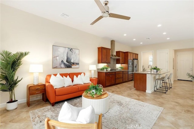 149 Luneta Ln, Rancho Mission Viejo, CA 92694 - living room featuring visible vents, recessed lighting, ceiling fan, light tile patterned floors, and baseboards