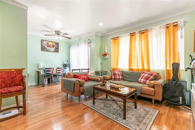 17151 Roscoe Blvd Unit 21, Northridge, CA 91325 - living area featuring ornamental molding, ceiling fan, light wood finished floors, baseboards, and recessed lighting