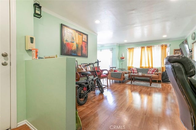 17151 Roscoe Blvd Unit 21, Northridge, CA 91325 - living area featuring crown molding, wood finished floors, and recessed lighting