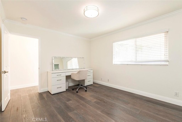 office featuring ornamental molding, baseboards, and dark wood finished floors