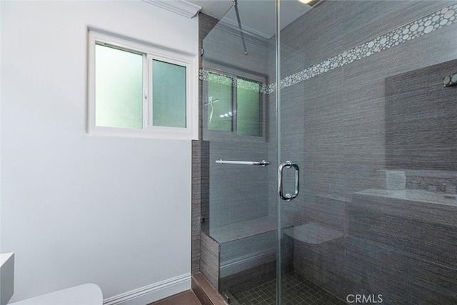 full bathroom featuring toilet, a stall shower, and a healthy amount of sunlight