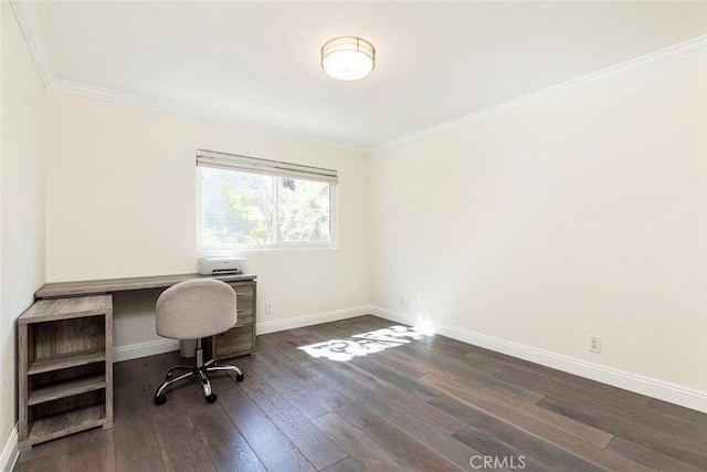 office area featuring crown molding, baseboards, and dark wood-style floors