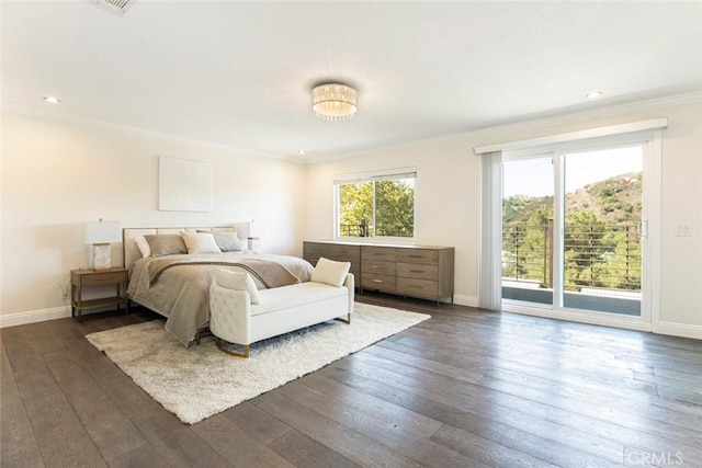 bedroom featuring crown molding, access to outside, baseboards, and dark wood-style floors