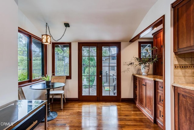 doorway to outside featuring dark wood-type flooring, plenty of natural light, and vaulted ceiling