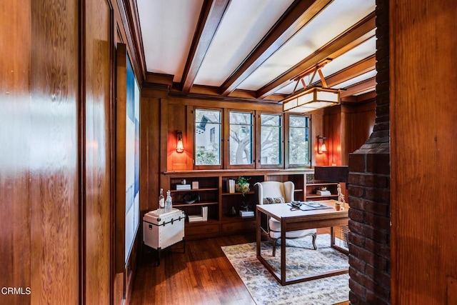 2041 Ashbourne Dr, South Pasadena, CA 91030 - home office with dark wood-style flooring, wooden walls, and beam ceiling