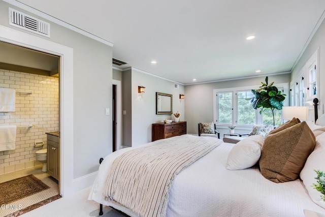 bedroom featuring recessed lighting, crown molding, light carpet, and visible vents