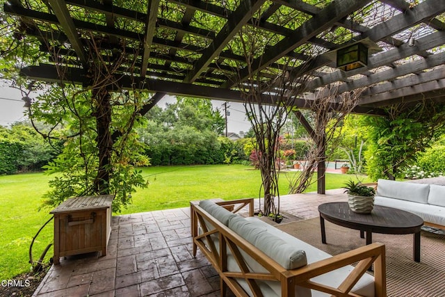 view of patio / terrace featuring a pergola and an outdoor hangout area