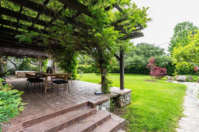 view of yard with a patio area and outdoor dining area