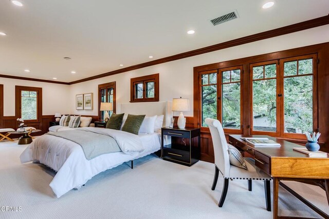 2041 Ashbourne Dr, South Pasadena, CA 91030 - bedroom with recessed lighting, ornamental molding, visible vents, a wainscoted wall, and light carpet