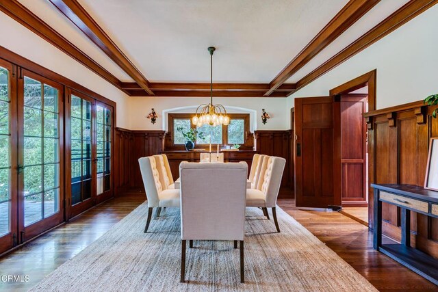 2041 Ashbourne Dr, South Pasadena, CA 91030 - dining area featuring an inviting chandelier, wood finished floors, wainscoting, and beamed ceiling