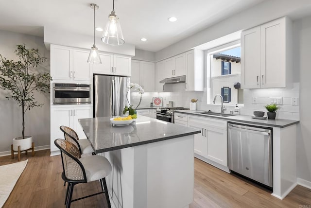 kitchen featuring recessed lighting, under cabinet range hood, a sink, stainless steel appliances, and tasteful backsplash