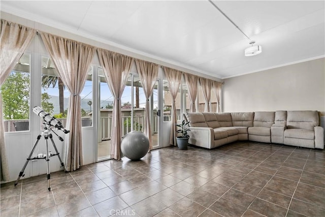 3348 Burritt Way, La Crescenta, CA 91214 - living area featuring dark tile patterned flooring and crown molding
