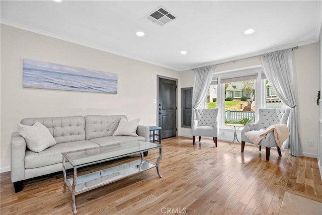 3348 Burritt Way, La Crescenta, CA 91214 - living room with light wood finished floors, visible vents, baseboards, ornamental molding, and recessed lighting