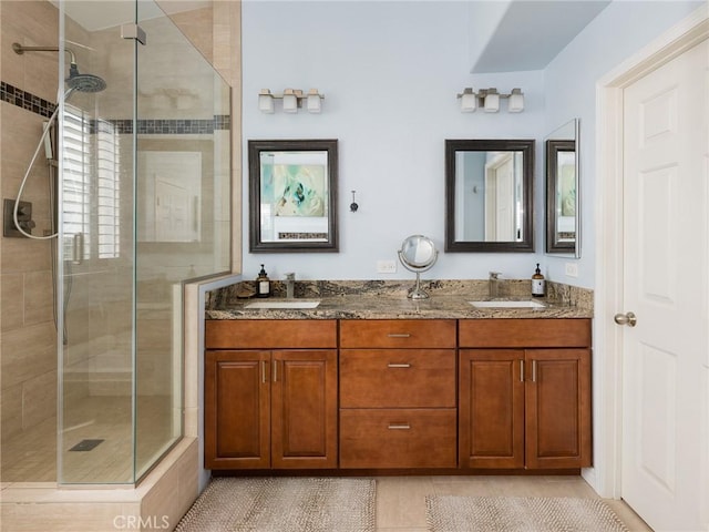 5447 Marine Ave Unit 7, Lawndale, CA 90260 - bathroom with a sink, tile patterned flooring, double vanity, and a stall shower