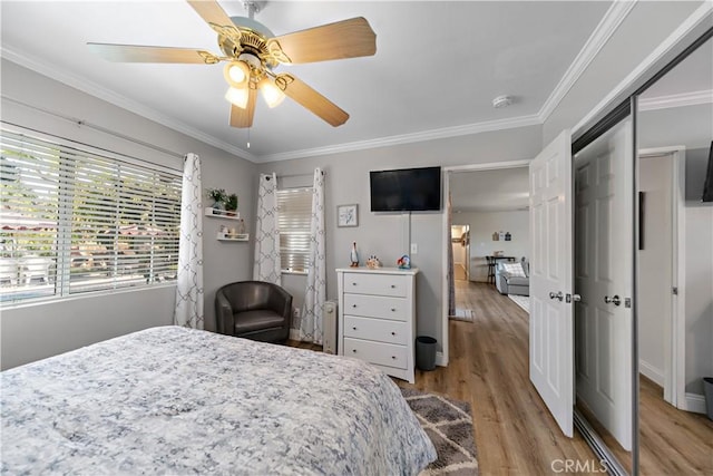 bedroom featuring baseboards, ceiling fan, crown molding, and wood finished floors