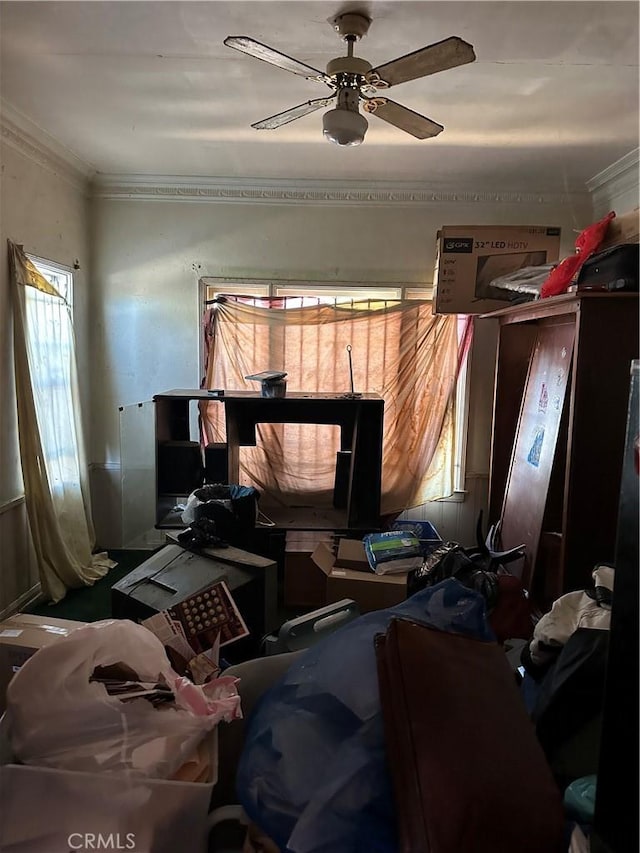 606 W 57th St, Los Angeles, CA 90037 - misc room with ornamental molding, a ceiling fan, and healthy amount of natural light