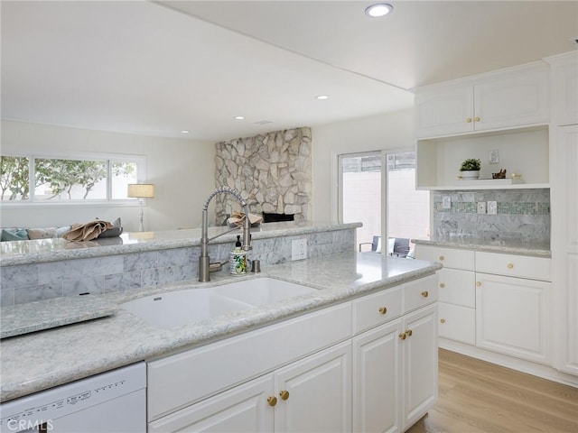 5244 W 137th Pl, Hawthorne, CA 90250 - kitchen featuring dishwasher, light wood finished floors, a sink, open shelves, and decorative backsplash