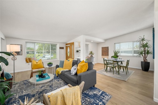 living room with light wood finished floors, baseboards, and plenty of natural light