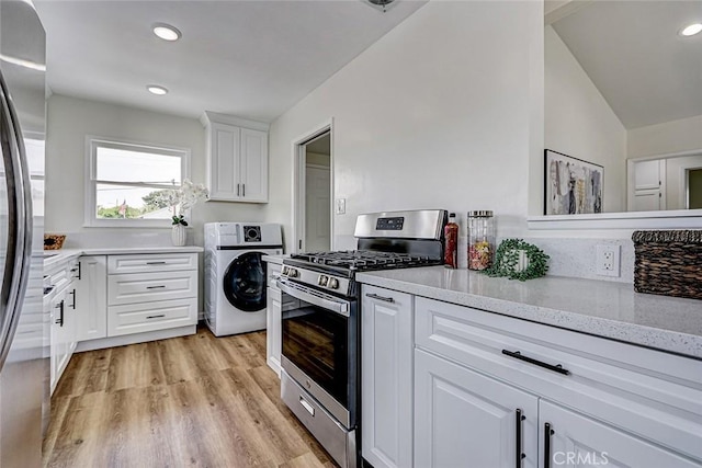 kitchen featuring washer / clothes dryer, recessed lighting, white cabinetry, stainless steel appliances, and light wood-type flooring