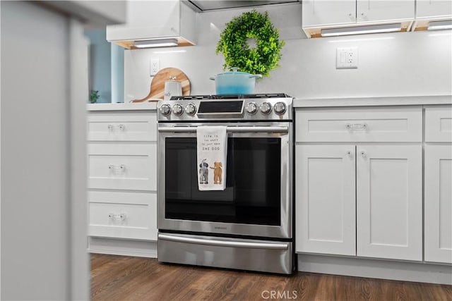 30151 Via Amante, Menifee, CA 92584 - kitchen featuring stainless steel gas range, light countertops, white cabinetry, and dark wood finished floors