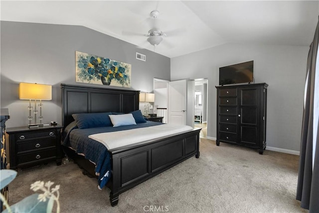 30151 Via Amante, Menifee, CA 92584 - bedroom featuring lofted ceiling, light carpet, baseboards, ceiling fan, and ensuite bathroom