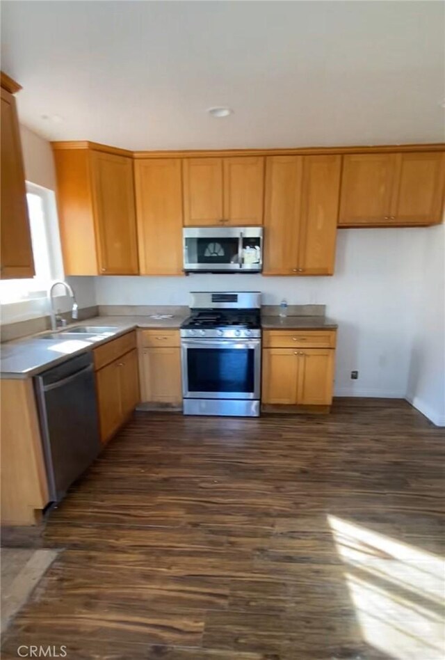 5507 S Manhattan Pl, Los Angeles, CA 90062 - kitchen with stainless steel appliances, dark wood finished floors, recessed lighting, and a sink