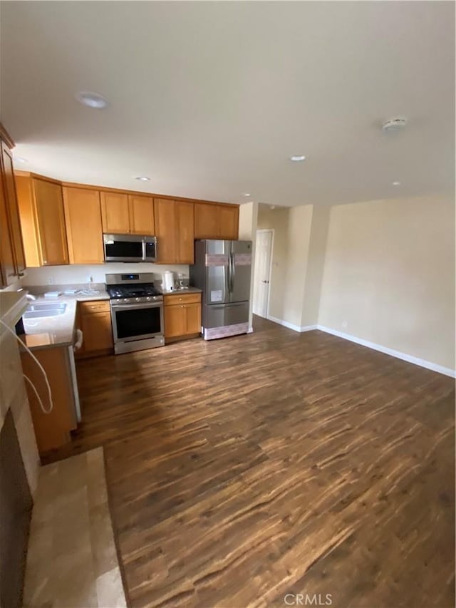 5507 S Manhattan Pl, Los Angeles, CA 90062 - kitchen featuring baseboards, stainless steel appliances, dark wood finished floors, and a sink