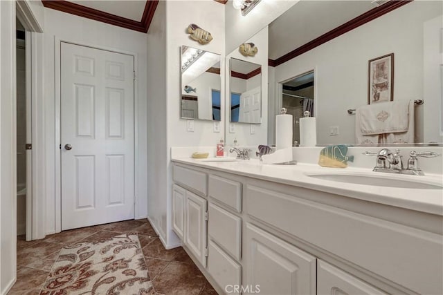 31710 Waterfall Way, Murrieta, CA 92563 - bathroom featuring tile patterned flooring, ornamental molding, double vanity, and a sink