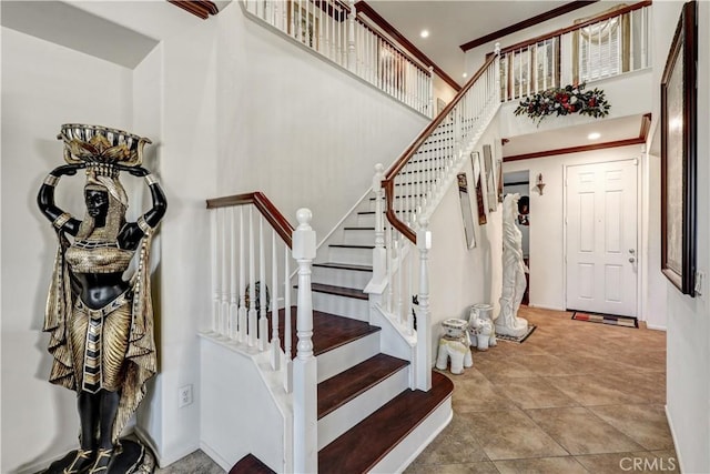 31710 Waterfall Way, Murrieta, CA 92563 - stairs featuring a towering ceiling and recessed lighting