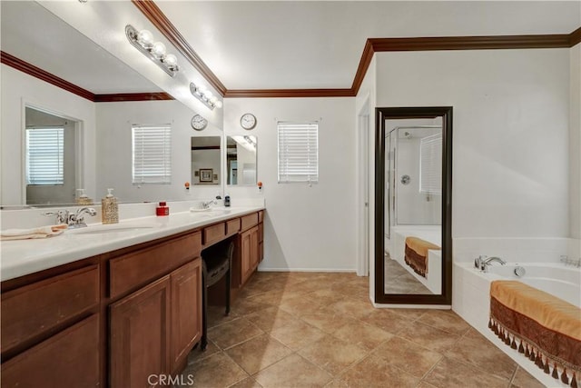 31710 Waterfall Way, Murrieta, CA 92563 - bathroom with a bath, ornamental molding, double vanity, and a sink