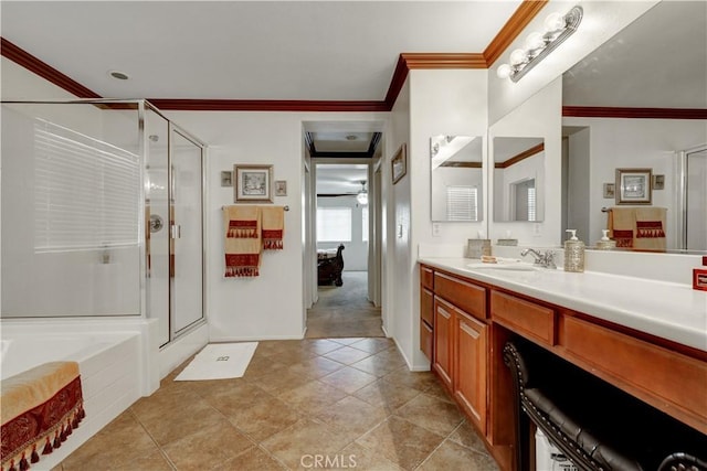 31710 Waterfall Way, Murrieta, CA 92563 - bathroom with a stall shower, vanity, and crown molding