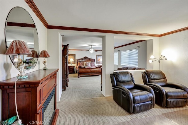 31710 Waterfall Way, Murrieta, CA 92563 - living area with light colored carpet, crown molding, baseboards, and ceiling fan