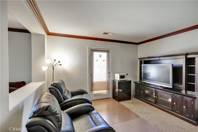 31710 Waterfall Way, Murrieta, CA 92563 - living room featuring light colored carpet, crown molding, and visible vents