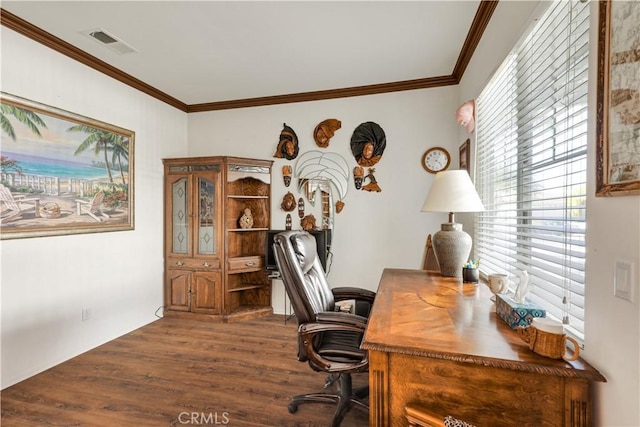 31710 Waterfall Way, Murrieta, CA 92563 - office area featuring crown molding, dark wood-type flooring, and visible vents