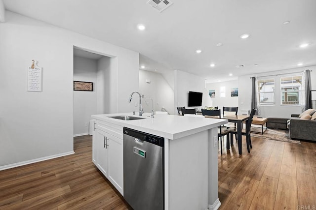 40603 Melrose Dr, Temecula, CA 92591 - kitchen featuring a sink, visible vents, open floor plan, dark wood-style floors, and stainless steel dishwasher