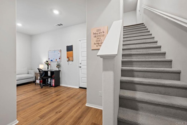 40603 Melrose Dr, Temecula, CA 92591 - stairs featuring baseboards, visible vents, recessed lighting, and wood finished floors