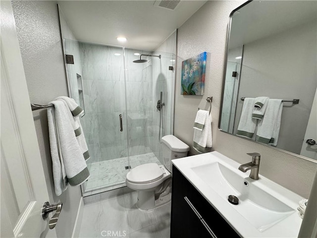 9556 Bloomfield St, Cypress, CA 90630 - full bath with toilet, a textured wall, vanity, marble finish floors, and a marble finish shower