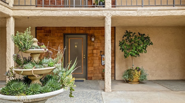 doorway to property featuring stucco siding