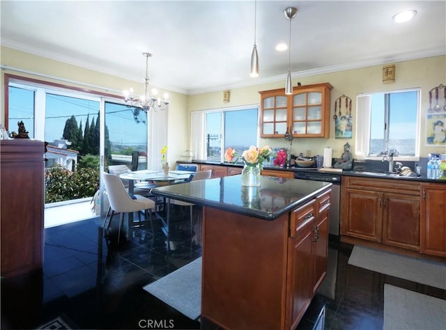 2302 S Gaffey St Unit 1, San Pedro, CA 90731 - kitchen with a sink, a chandelier, stainless steel dishwasher, a center island, and glass insert cabinets