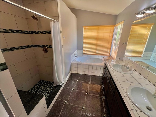 18725 Dallas Ave, Riverside, CA 92508 - bathroom featuring a whirlpool tub, lofted ceiling, a tile shower, and a sink